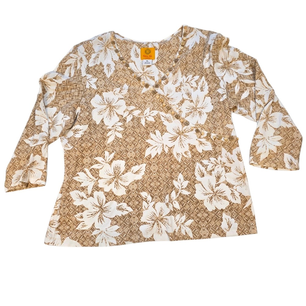 Ruby Rd Women's PL Embellished 3/4 Sleeve‎ Shirt Tan White #1039